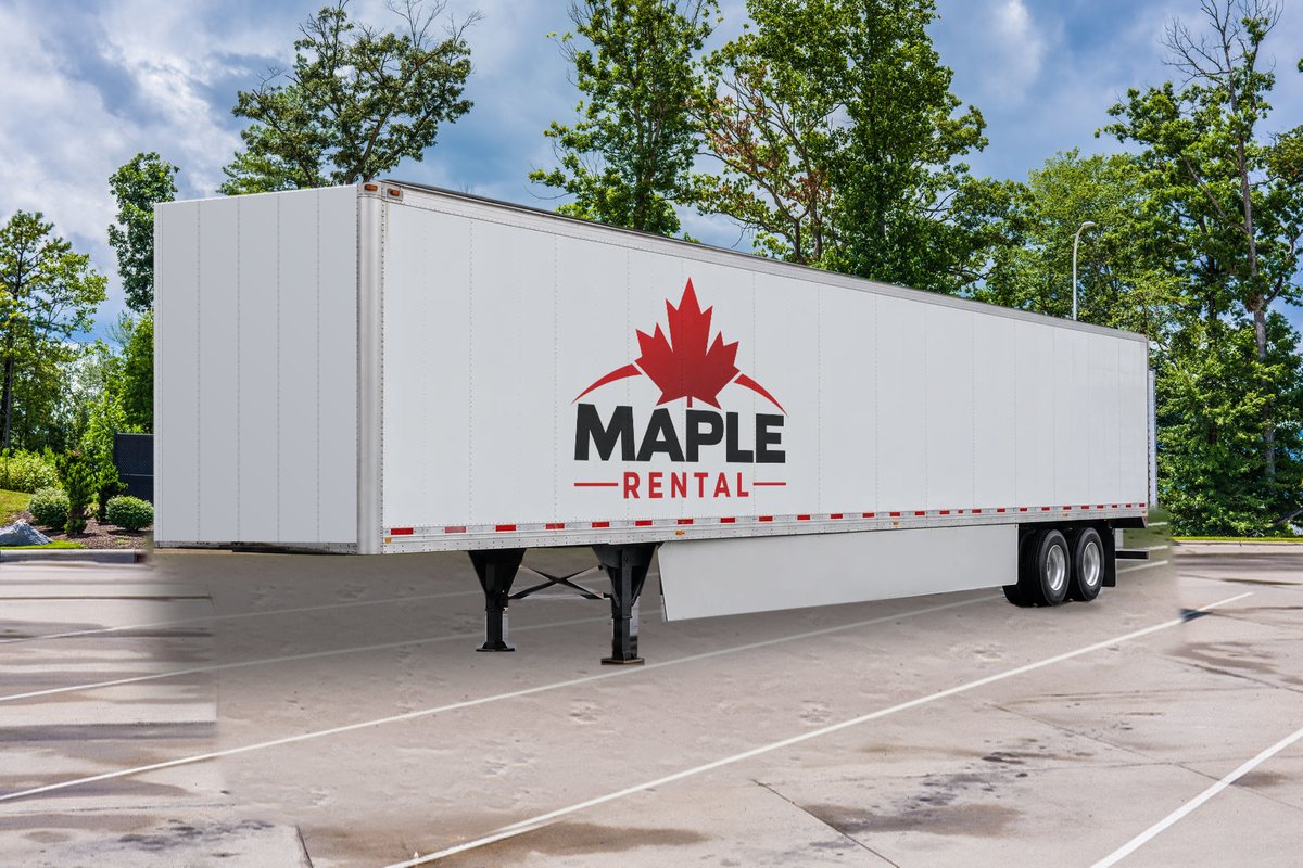 White Maple Rental 53' dry van trailer parked on its landing gear in a paved lot, no truck attached